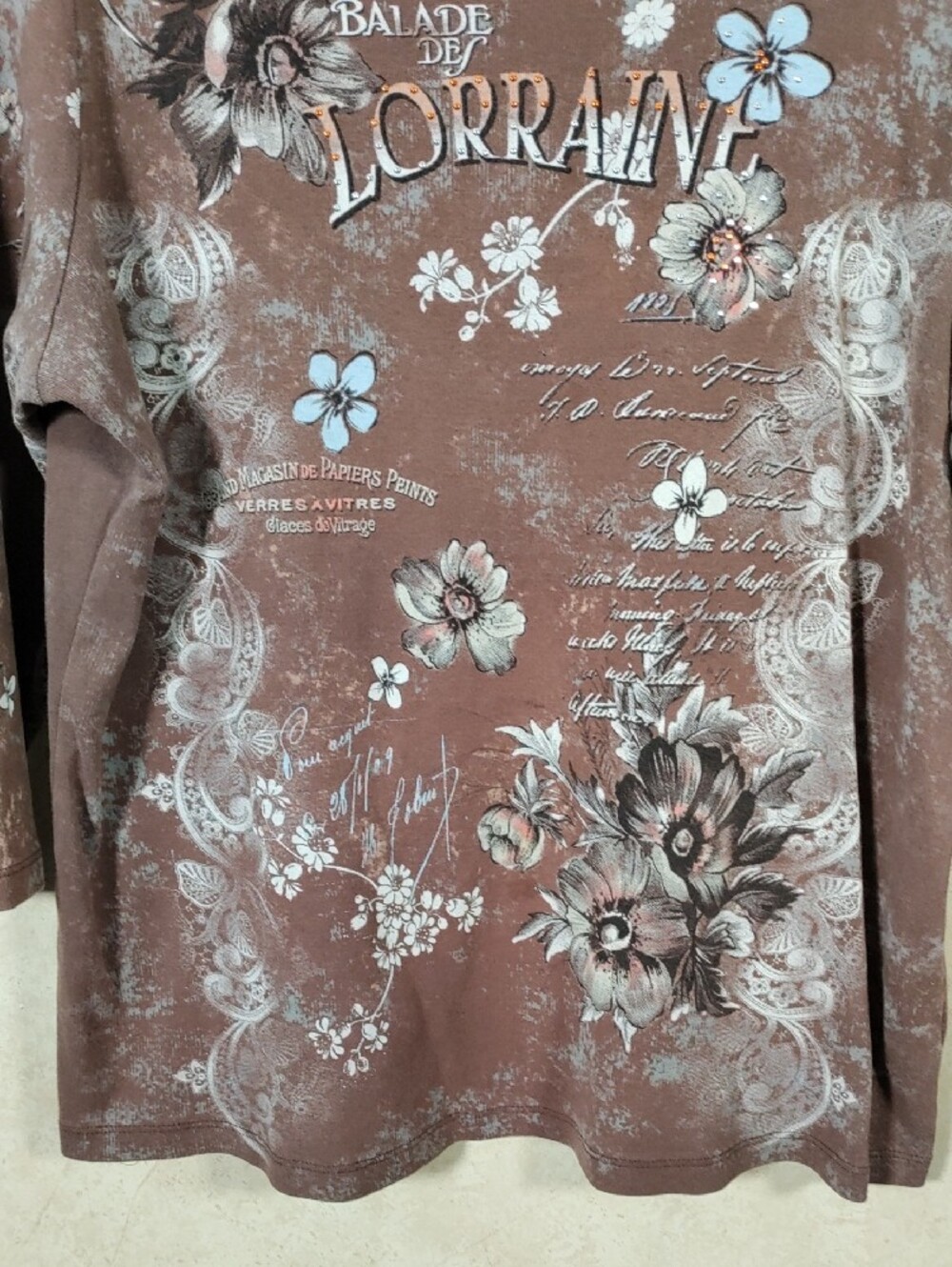 J102 Susan Lawrence Brown & Blue Floral Ballad Des Lorraine 3/4 Sleeve Tee 2X - Picture 3 of 9